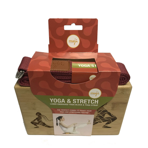 Maji Sports Laser Engraved Bamboo Yoga Block & Strap Combo